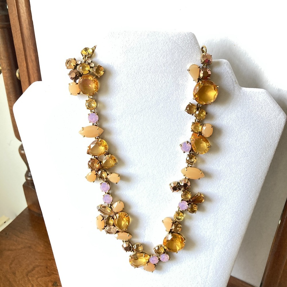 J Crew Crystal Rhinestone Statement Necklace Amber Peach Lavender‎ Gold-tone
